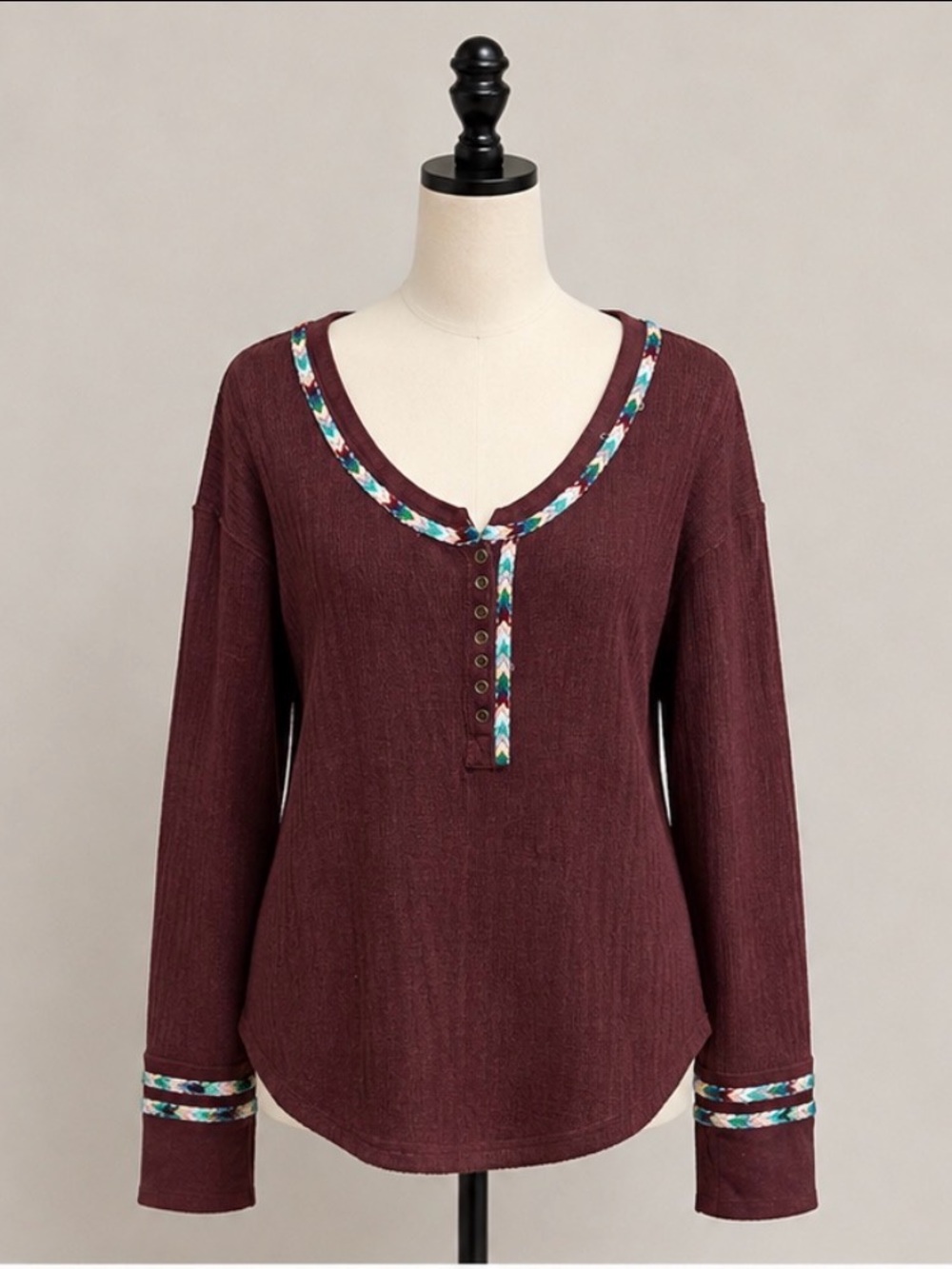 Free People Burgundy Long Sleeve Henley with Multicolor Trim